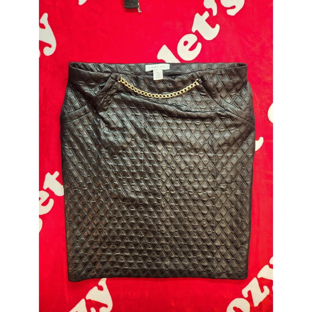Carole Wren Quilted Faux Leather Skirt Womens PXL Black Gold Chain Mini Plus